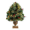 3' Holiday Pre-Lit Snow Tip Greenery, Berries and Pinecones Artificial Christmas Plant in Urn with 100 LED Lights, Indoor Outdoor Patio Porch Decor