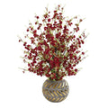 30" Cherry Blossom Artificial Arrangement in Stoneware Vase with Gold Trimming
