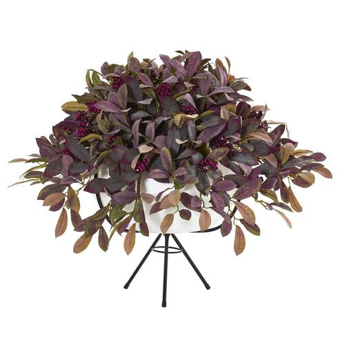 30" Fall Laurel Leaf with Berries Artificial Plant in White Planter with Metal Stand