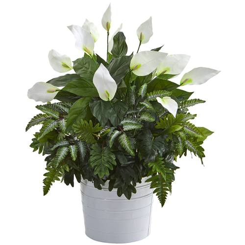 30" Mixed Spathiphyllum Artificial Plant in White Tin Planter