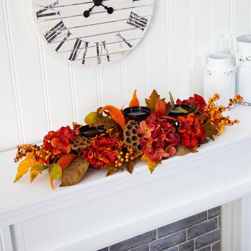 32" Fall Hydrangea, Lotus Seed and Berries Artificial Candelabrum Arrangement
