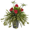 32" Mixed Anthurium and Spider Artificial Plant in Decorative Tin Planter