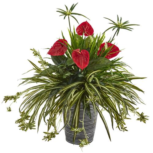 32" Mixed Anthurium and Spider Artificial Plant in Decorative Tin Planter