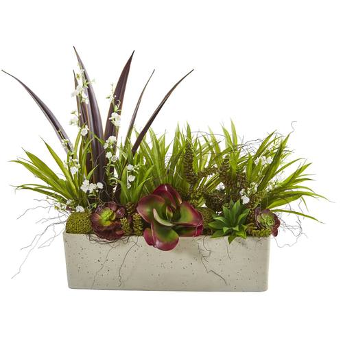 32" Mixed Succulent and Grass Garden Artificial Plant in White Planter