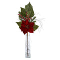 32" Poinsettia, Berries and Pine Artificial Arrangement in Glass Vase