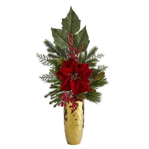 32" Poinsettia, Berries, Pine and Pinecone Artificial Arrangement in Gold Vase