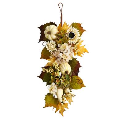 33" Fall Sunflower, Hydrangea and White Pumpkin Artificial Autumn Teardrop