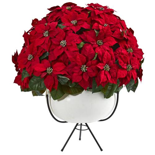 33" Grand Poinsettia Artificial Arrangement in White Vase with Metal Stand