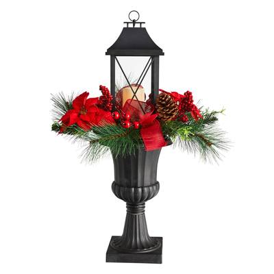 33" Holiday Christmas Berries and Poinsettia with Large Lantern and Included LED Candle Set in a Decorative Urn Porch Decor