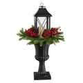 33" Holiday Greenery, Berries and Pinecones in Decorative Urn with Large Lantern and Included LED Candle Artificial Christmas Porch Décor