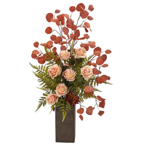 33" Rose, Eucalyptus and Fern Artificial Arrangement in Weathered Brown Planter