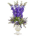 34" Delphinium and Lavender Artificial Arrangement in White Urn
