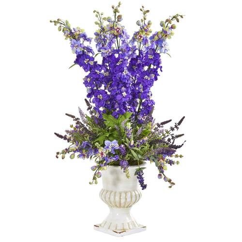 34" Delphinium and Lavender Artificial Arrangement in White Urn