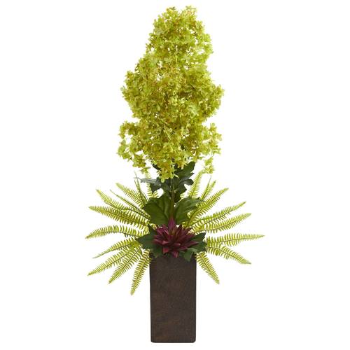 34" Hydrangea and Succulent Artificial Arrangement in Weathered Brown Vase