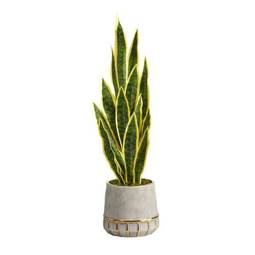 34" Sansevieria Artificial Plant in Stoneware Planter with Gold Trimming