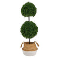 3.5'Boxwood Double Ball Artificial Topiary Tree in Boho Chic Handmade Cotton & Jute White Woven Planter UV Resistant (Indoor/Outdoor)
