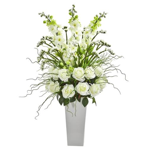 35" Delphinium and Rose Artificial Arrangement in White Planter