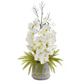 35" Phalaenopsis Orchid and Fern Artificial Arrangement in Stoneware Vase with Gold Trimming