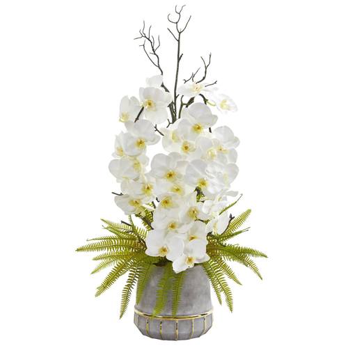 35" Phalaenopsis Orchid and Fern Artificial Arrangement in Stoneware Vase with Gold Trimming