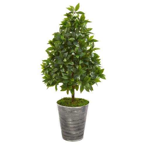 35" Sweet Bay Cone Topiary Artificial Tree in Tin Planter