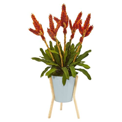 35" Tropical Bromeliad Artificial Plant in Green Planter with Stand