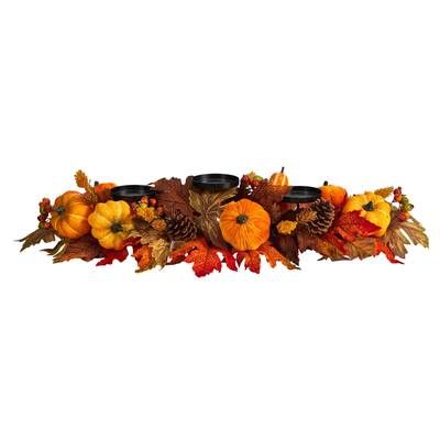 36" Autumn Maple Leaves, Pumpkin and Berries Fall Harvest Candelabrum Arrangement