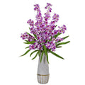 37" Orchid Artificial Arrangement in Stoneware Oval Vase with Gold Trimming