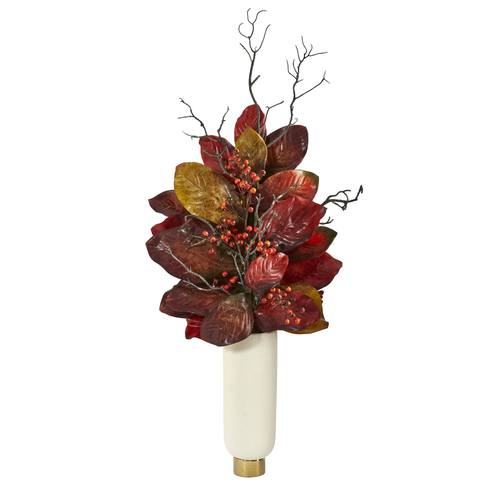38" Autumn Magnolia Leaf with Berries Artificial Plant in Cream Planter with Gold Base