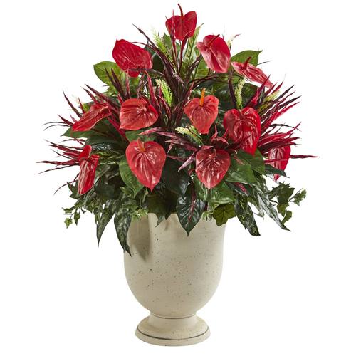 39" Mixed Anthurium Artificial Plant in Decorative Urn