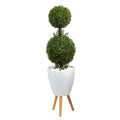 4'Double Boxwood Topiary Artificial Tree in White Planter with Stand (Indoor/Outdoor)