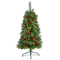 4'Flat Back Montreal Mountain Pine Artificial Christmas Tree with Pinecones, Berries and 80 Warm White LED Lights and 145 Bendable Branches