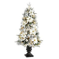4'Flocked Artificial Christmas Tree with 223 Bendable Branches and 100 Warm Lights in Decorative Urn