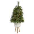4'Golden Tip Washington Pine Artificial Christmas Tree with 50 Clear Lights, Pine Cones and 148 Bendable Branches in White Planter with Stand