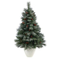 4'Snowed French Alps Mountain Pine Artificial Christmas Tree with 237 Bendable Branches and Pine Cones in White Planter