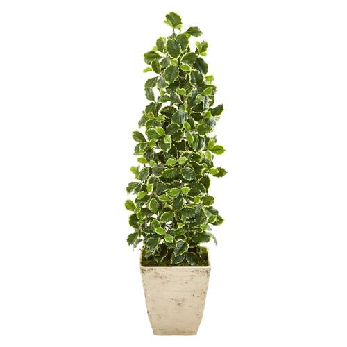 41" Variegated Holly Leaf Artificial Tree in Country White Planter (Real Touch)