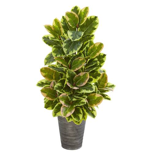 42" Rubber Leaf Artificial Plant in Tin Planter with Black Pattern (Real Touch)