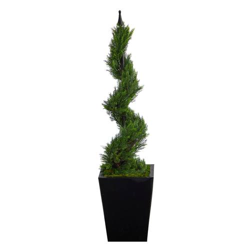 44" Cypress Spiral Topiary Artificial Tree in Black Metal Planter