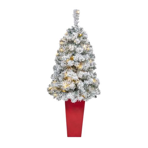44" Flocked Rock Springs Spruce Artificial Christmas Tree with 50 Clear LED Lights in Red Tower Planter