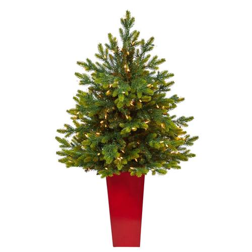 44" North Carolina Fir Artificial Christmas Tree with 150 Clear Lights and 563 Bendable Branches in Red Tower Planter