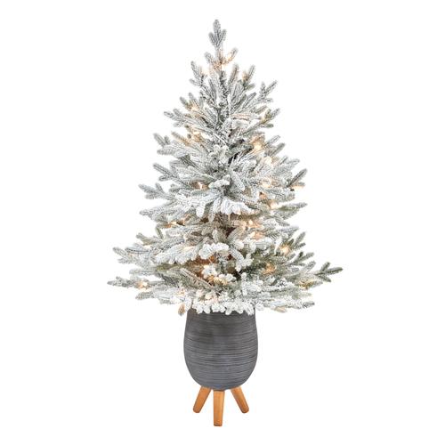 45" Flocked Fraser Fir Artificial Christmas Tree with 200 Warm White Lights and 481 Bendable Branches in Gray Planter with Stand