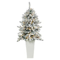 4.5'Flocked Livingston Fir Artificial Christmas Tree with Pine Cones and 150 Clear Warm LED Lights in Tall White Planter