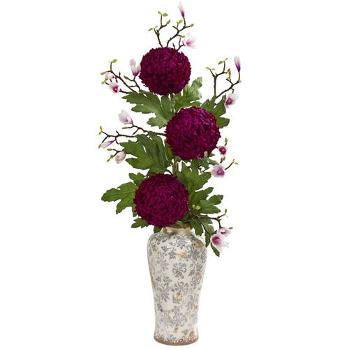 45" Magnolia and Mum Artificial Arrangement in Floral Vase