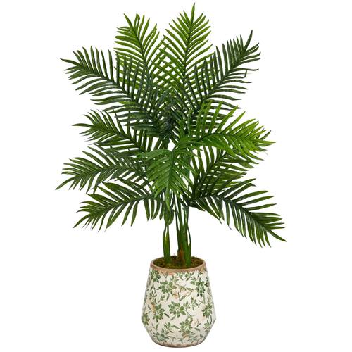 46" Areca Palm Artificial Tree in Floral Print Planter (Real Touch)