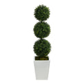 46" Boxwood Triple Ball Topiary Artificial Tree in White Metal Planter (Indoor/Outdoor)