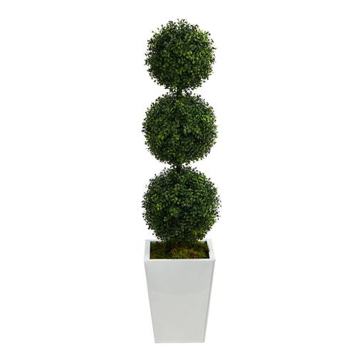 46" Boxwood Triple Ball Topiary Artificial Tree in White Metal Planter (Indoor/Outdoor)