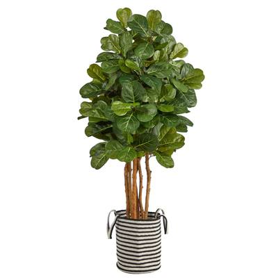5'Fiddle Leaf Fig Artificial Tree in Handmade Black and White Natural Jute and Cotton Planter