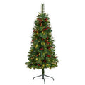 5'Flat Back Montreal Mountain Pine Artificial Christmas Tree with Pinecones, Berries and 110 Warm White LED Lights and 223 Bendable Branches