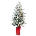 5'Flocked Manchester Spruce Artificial Christmas Tree with 100 Lights and 357 Bendable Branches in Red Tower Planter