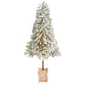 5' Winter Flocked Leaning Artificial Christmas Tree Pre-Lit with 150 LED Lights and 288 Bendable Branches in Decorative Planter