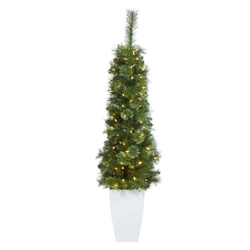 50" Green Pencil Artificial Christmas Tree with 100 Clear (Multifunction) LED Lights and 140 Bendable Branches in White Metal Planter